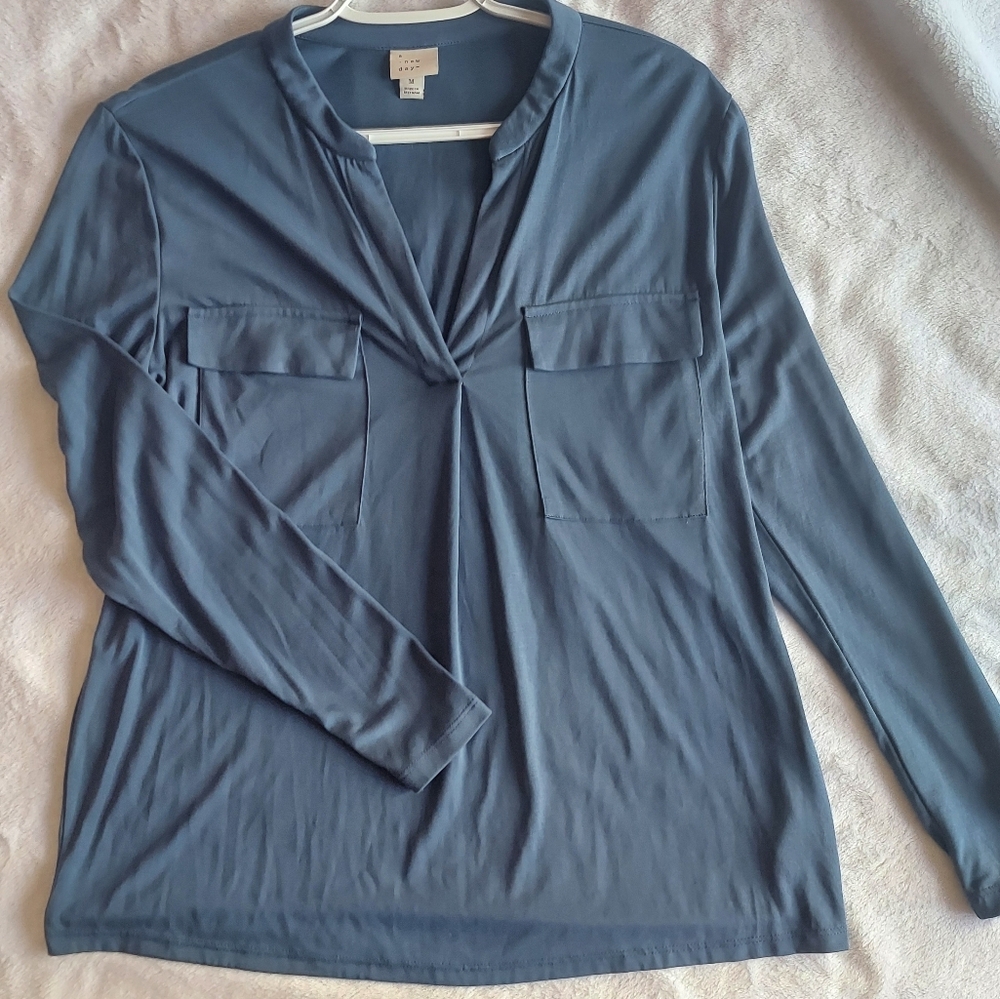 A New Day Blue Long Sleeve Tie Front Blouse